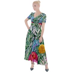 Cottagecore Tropical Flowers Button Up Short Sleeve Maxi Dress by GardenOfOphir