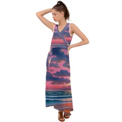 Sunset Over The Beach V-neck Chiffon Maxi Dress by GardenOfOphir