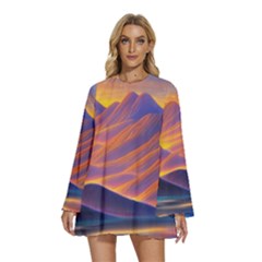 Great Sunset Round Neck Long Sleeve Bohemian Style Chiffon Mini Dress by GardenOfOphir