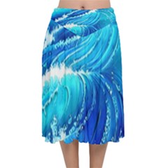 Simple Blue Ocean Wave Velvet Flared Midi Skirt by GardenOfOphir