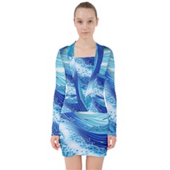 Water Waves V-neck Bodycon Long Sleeve Dress by GardenOfOphir