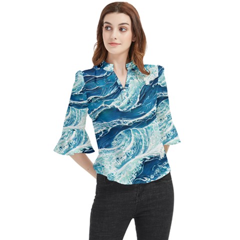 Summer Ocean Waves Loose Horn Sleeve Chiffon Blouse by GardenOfOphir