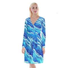 Blue Ocean Wave Watercolor Long Sleeve Velvet Front Wrap Dress by GardenOfOphir