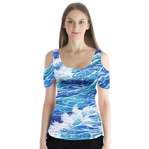 Abstract Blue Wave Butterfly Sleeve Cutout Tee  by GardenOfOphir