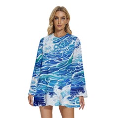 Abstract Blue Wave Round Neck Long Sleeve Bohemian Style Chiffon Mini Dress by GardenOfOphir