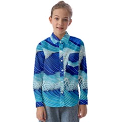 Waves Blue Ocean Kids  Long Sleeve Shirt by GardenOfOphir