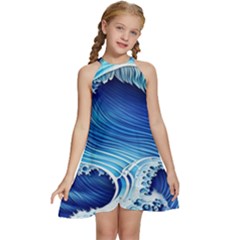 Watercolor Wave Kids  Halter Collar Waist Tie Chiffon Dress by GardenOfOphir