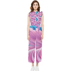 Pink Water Waves Women s Frill Top Chiffon Jumpsuit by GardenOfOphir