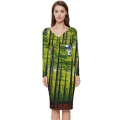 Green Forest Jungle Trees Nature Sunny Long Sleeve V-neck Bodycon Dress  by Ravend