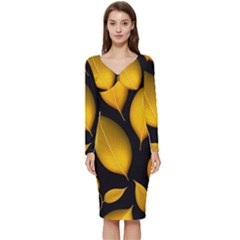 Leaves Foliage Pattern Metallic Gold Background Long Sleeve V-neck Bodycon Dress  by Ravend