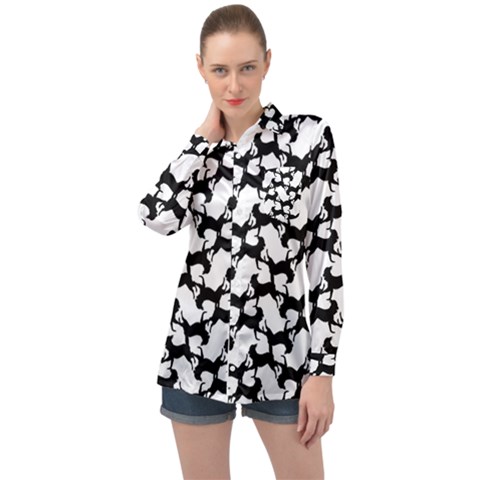 Playful Pups Black And White Pattern Long Sleeve Satin Shirt by dflcprintsclothing