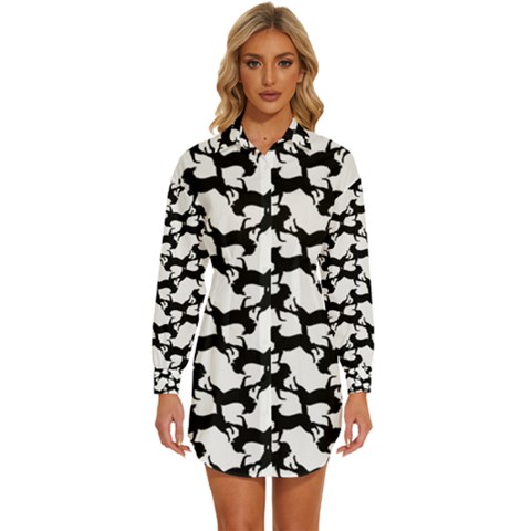 Playful Pups Black And White Pattern Womens Long Sleeve Shirt Dress by dflcprintsclothing