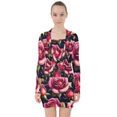 Roses Flowers Pattern Background V-neck Bodycon Long Sleeve Dress by Ravend