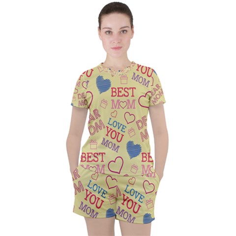 Love Mom Happy Mothers Day I Love Mom Graphic Pattern Women s Tee And Shorts Set by Ravend