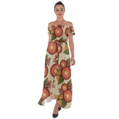 Flowers Leaves Pattern Flora Botany Drawing Art Off Shoulder Open Front Chiffon Dress by Ravend