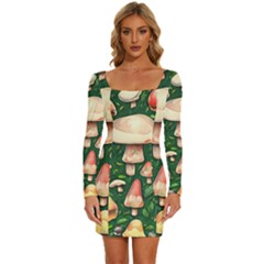 Fantasy Farmcore Farm Mushroom Long Sleeve Square Neck Bodycon Velvet Dress by GardenOfOphir