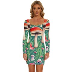 Forest Mushroom Fairy Garden Long Sleeve Square Neck Bodycon Velvet Dress by GardenOfOphir