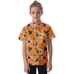 Flower Orange Pattern Floral Kids  Short Sleeve Shirt by Dutashop