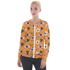 Flower Orange Pattern Floral Velvet Zip Up Jacket by Dutashop