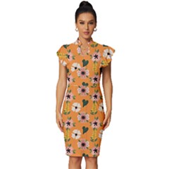 Flower Orange Pattern Floral Vintage Frill Sleeve V-neck Bodycon Dress by Dutashop