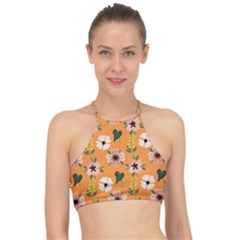 Flower Orange Pattern Floral Racer Front Bikini Top by Dutashop