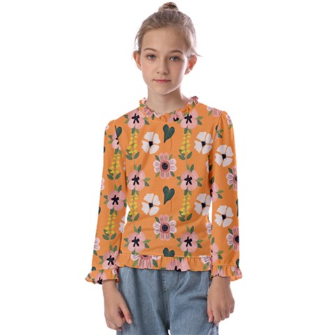 Flower Orange Pattern Floral Kids  Frill Detail Tee by Dutashop