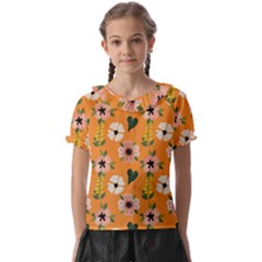 Flower Orange Pattern Floral Kids  Frill Chiffon Blouse by Dutashop