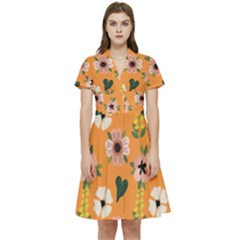 Flower Orange Pattern Floral Short Sleeve Waist Detail Dress by Dutashop