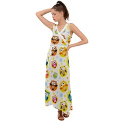 Owl Bird Cartoon V-neck Chiffon Maxi Dress by Jancukart