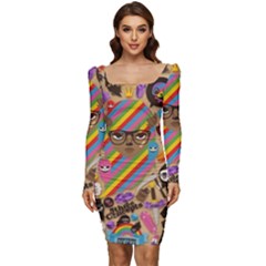 Multicolored Doodle Art Wallpaper Women Long Sleeve Ruched Stretch Jersey Dress by Jancukart