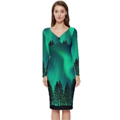 Aurora Northern Lights Phenomenon Atmosphere Sky Long Sleeve V-neck Bodycon Dress  by Jancukart