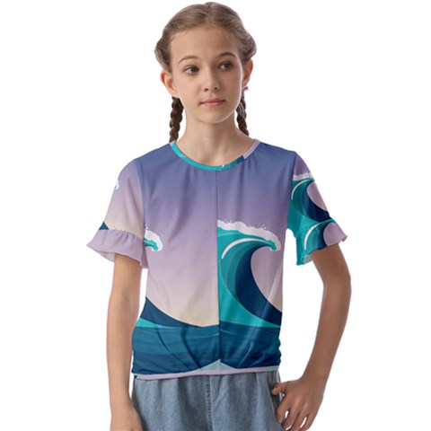 Tsunami Tidal Wave Wave Minimalist Ocean Sea 4 Kids  Cuff Sleeve Scrunch Bottom Tee by Pakemis