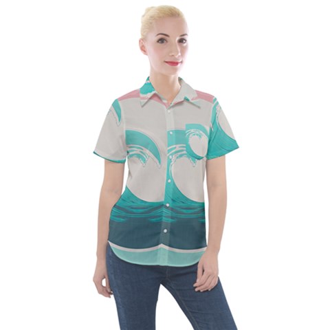 Tidal Wave Ocean Sea Tsunami Wave Minimalist Women s Short Sleeve Pocket Shirt by Pakemis