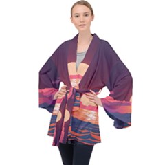 Sunset Ocean Beach Water Tropical Island Vacation 5 Long Sleeve Velvet Kimono  by Pakemis