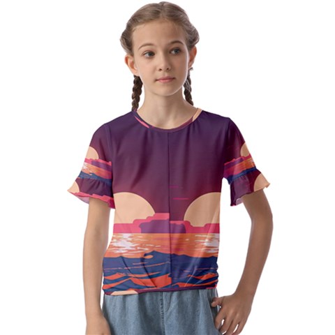 Sunset Ocean Beach Water Tropical Island Vacation 5 Kids  Cuff Sleeve Scrunch Bottom Tee by Pakemis