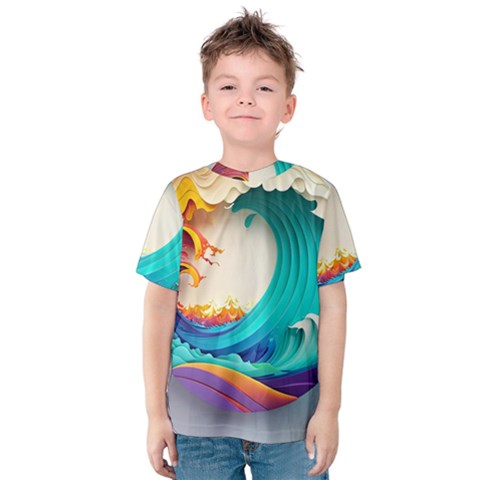 Tsunami Tidal Wave Wave Minimalist Ocean Sea 3 Kids  Cotton Tee by Pakemis