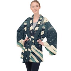 Lighthouse Abstract Ocean Sea Waves Water Blue Long Sleeve Velvet Kimono  by Pakemis