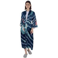 Waves Flowers Pattern Water Floral Minimalist Maxi Satin Kimono by Pakemis