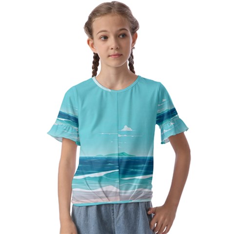 Ai Generated Ocean Waves Sea Water Anime Kids  Cuff Sleeve Scrunch Bottom Tee by Pakemis