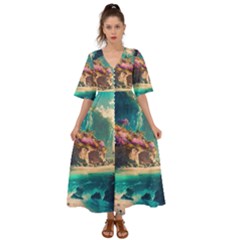 Tropical Island Fantasy Landscape Palm Trees Ocean Kimono Sleeve Boho Dress by Pakemis