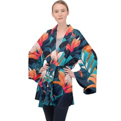 Tropical Flowers Floral Floral Pattern Patterns Long Sleeve Velvet Kimono  by Pakemis