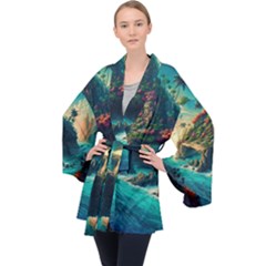 Tropical Island Paradise Ocean Sea Palm Trees Long Sleeve Velvet Kimono  by Pakemis