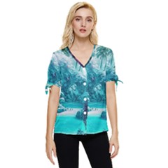 Landscape Nature Digital Art Palm Trees Paradise Bow Sleeve Button Up Top by Pakemis