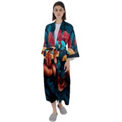 Ai Generated Tropical Flowers Floral Floral Pattern Maxi Satin Kimono by Pakemis