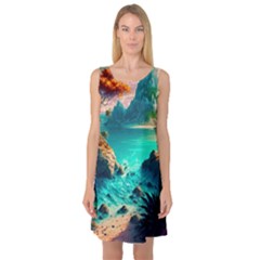 Tropical Paradise Beach Ocean Shore Sea Fantasy Sleeveless Satin Nightdress by Pakemis