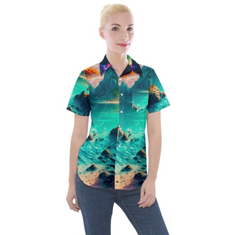 Tropical Paradise Beach Ocean Shore Sea Fantasy Women s Short Sleeve Pocket Shirt by Pakemis