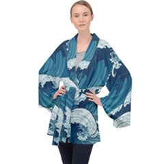 Waves Ocean Sea Pattern Water Tsunami Rough Seas Long Sleeve Velvet Kimono  by Pakemis