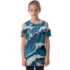 Waves Ocean Sea Pattern Water Tsunami Rough Seas Fold Over Open Sleeve Top by Pakemis