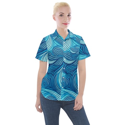 Ocean Waves Sea Abstract Pattern Water Blue Women s Short Sleeve Pocket Shirt by Pakemis