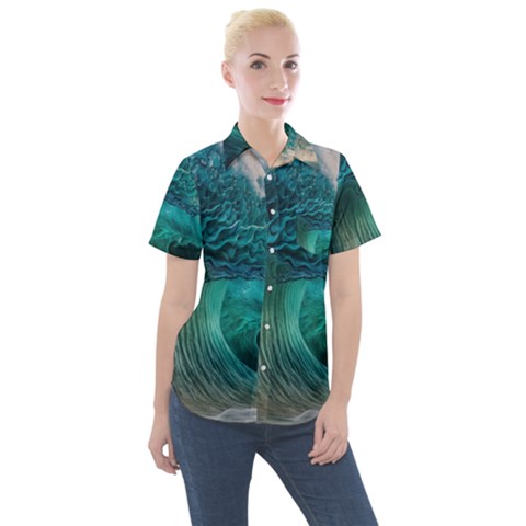 Tsunami Waves Ocean Sea Water Rough Seas Women s Short Sleeve Pocket Shirt by Pakemis